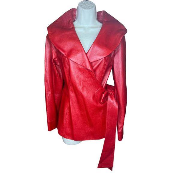 Gabrielle Sanchez Jackets & Blazers - Jose Sanchez Red Leather Wrap Coat with Spread Collar